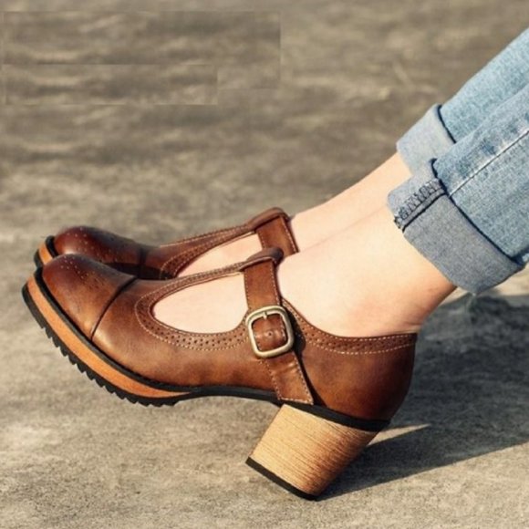 FSJ Shoes - FSJ Mary Jane Low Chunky Heels - Vintage Retro Rou